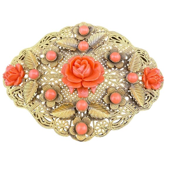 Vintage Gold Filigree Floral Brooch‎ With Coral Celluloid Rose Accents - Picture 1 of 6